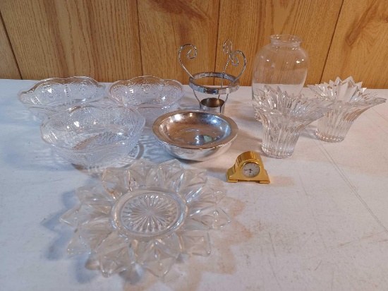 3 Plastic Bowls, Candle Holder, Glass Vase, Avon Trinket Dish, 2 Glass Candle Holders, Miniature
