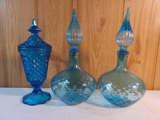 Vintage Hollywood Regency Blue Diamond Pattern Urn and 2 Vintage Blue Impoli Style Decanters