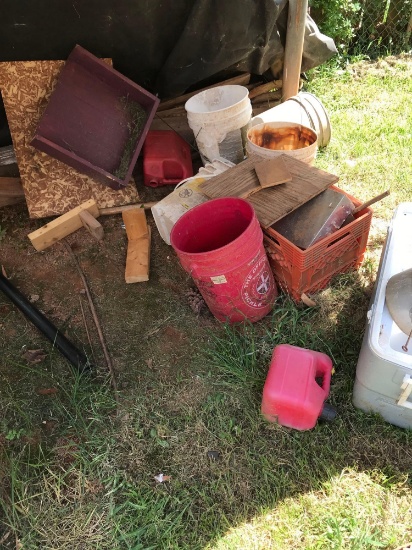 Flower pots 5 Gallon Buckets 5 ice chest and wood
