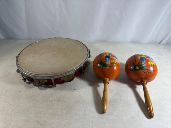 Antique Tambourine With Bells / 2 Mexican Hand Shakers