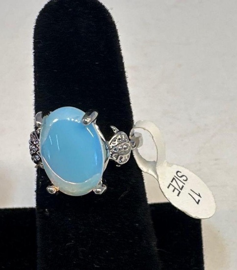 New Silver Plated / Blue Opal Stone Ring Size 17