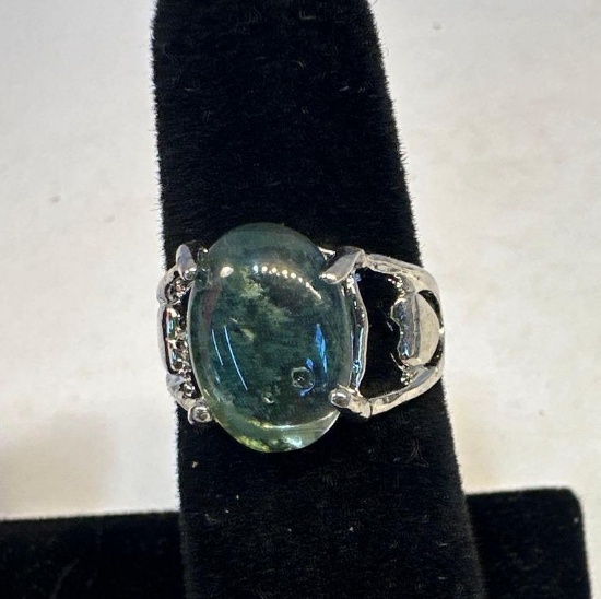 New Silver Plated / Green Stone Ring Size 17