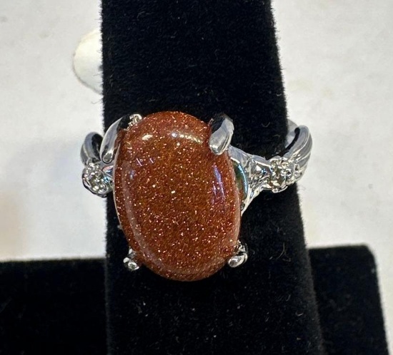 New Silver Plated / Brown Stone Ring Size 16