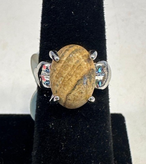New Silver Plated / Brown Stone Ring Size 17