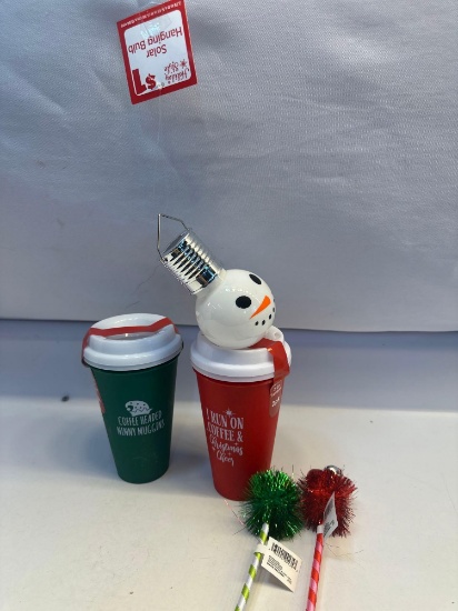 Christmas Lot- New 2 Sets of Christmas Cups With Lids, New Ornament, 2 New Pens