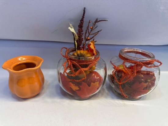 Fall Decor- Orange Candle Holder, 2 Decorative Jars