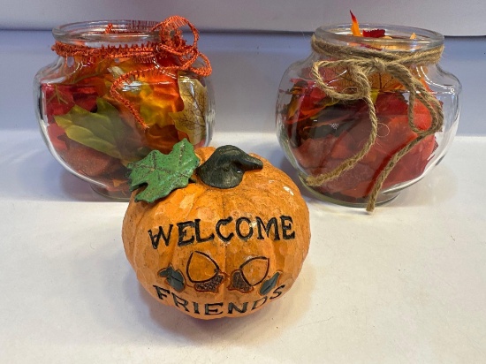 Fall Decor Lot - 2 Decorative Jars, 1 Welcome Pumpkin Figurine