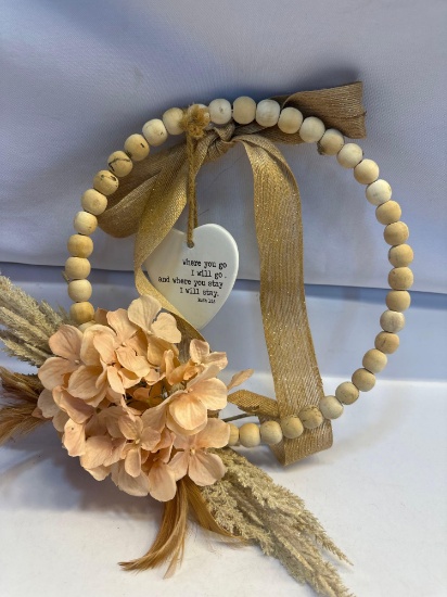 Decorative Wreath with Peach Colored Flowers/ Wooden Wreath
