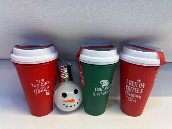 Christmas Lot- New 3 Sets of Christmas Cups With Lids, New Ornament