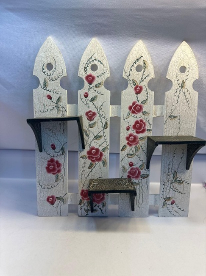 Wooden Painted Flowers Wall Hanging with 3 Shelves