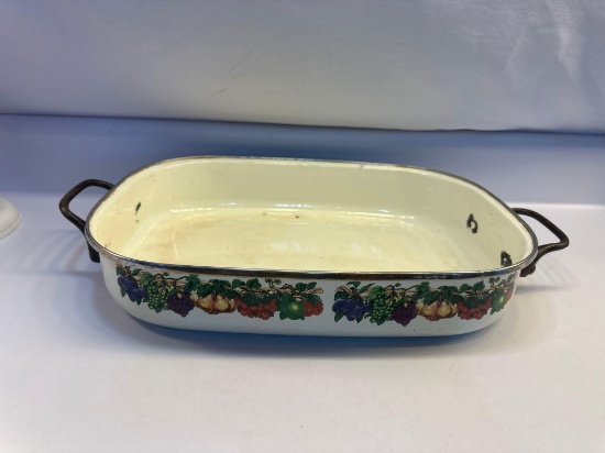 Vintage Enamelware Fruit Design Baking Pan With Handles