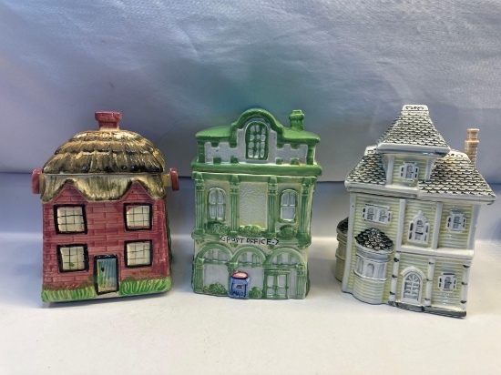 Vintage 3 Pc Set Porcelain Painted Houses Canister Set With Lids