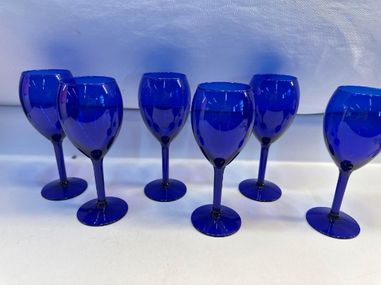 6 Pc Cobalt Blue Glass Wine Stem Glasses