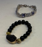 1 Black Beaded Bracelet/ 1 Costume Jewelry Silver / Purple Bracelet