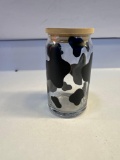 Glass Cow Print Glass Cup With Wooden Lid