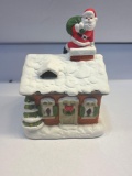 Porcelain Tealight Candle Holder Cottage With Santa On Chimney