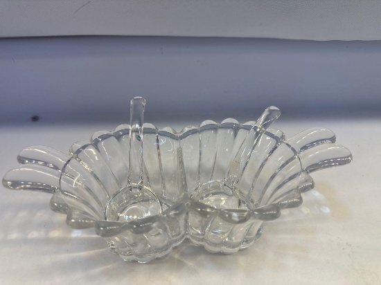 Glass Divided Relish Dish With 2 Glass Spoons