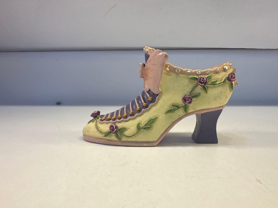 Vintage Pink and Purple Shoe With Bow and Flowers Figurine