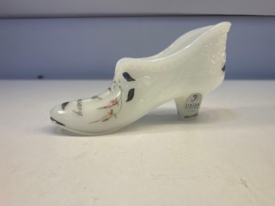 Fenton Art White Milk Glass Painted 25th Anniversary Slipper / Shoe