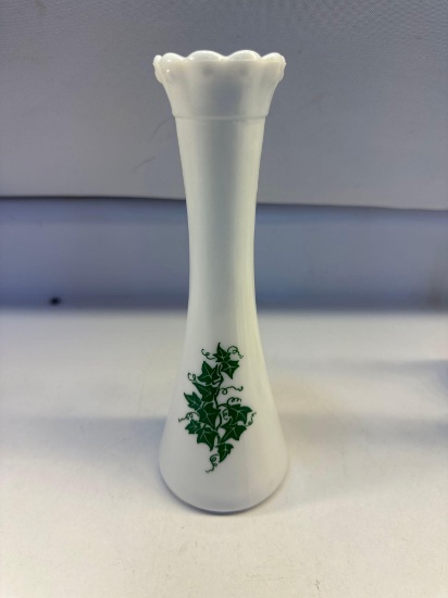 Vintage White Glass Vase With Ivory Design