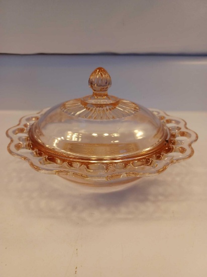 Vintage Pink Open Lace Covered Dish