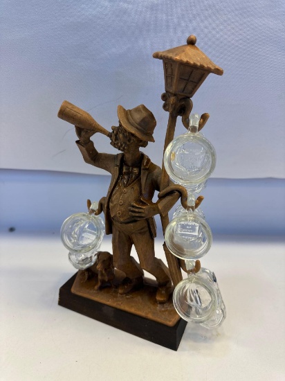 Vintage German Figure Drunkard Hobo and Dog At Light Pole With Shot Glasses