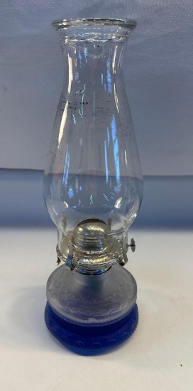 Vintage Blue Glass Oil Lamp With Hurricane Cover