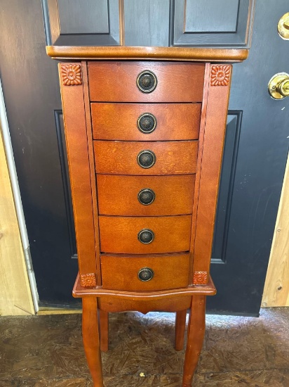 Wooden Stand Alone Jewelry Armoire With Drawers , Cubbies, Hooks and A Mirror