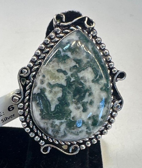 New Metal German Silver Moss Agate Size 6 Ring