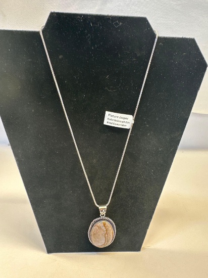 New Metal German Silver Picture Jasper Pendant Necklace With Chain