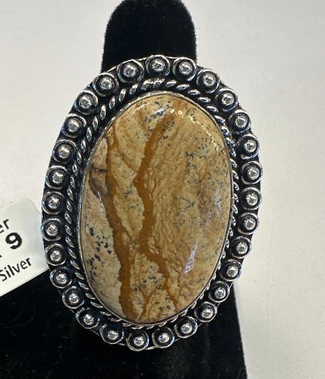 New Metal German Silver Picture Jasper Size 9 Ring
