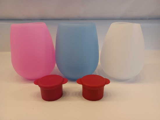3 Silicone Wine Glasses and 2 Silicone Wine Bottle Stoppers