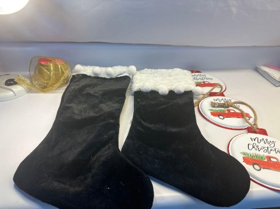 2 Christmas Stockings, 3 Christmas Ornaments, Ribbon