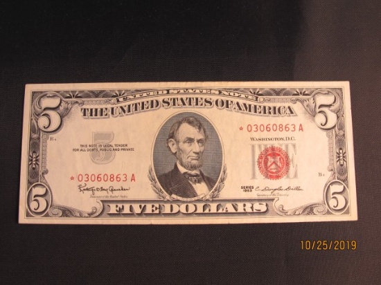 RED SEAL $5 STAR NOTE 1963 SERIES . UNC.