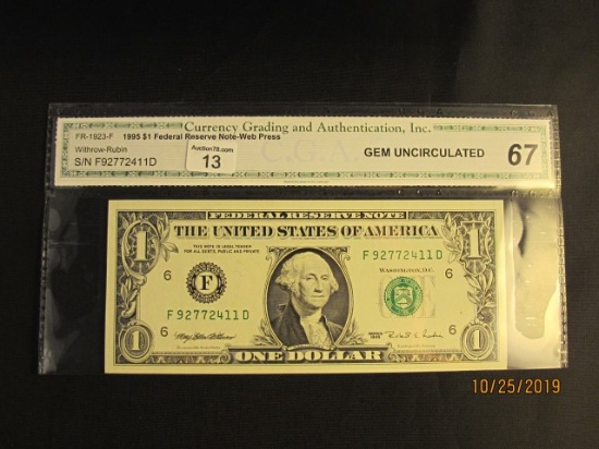 1995 GRADED GEM UNC 67. CGA $1 BANK NOTE