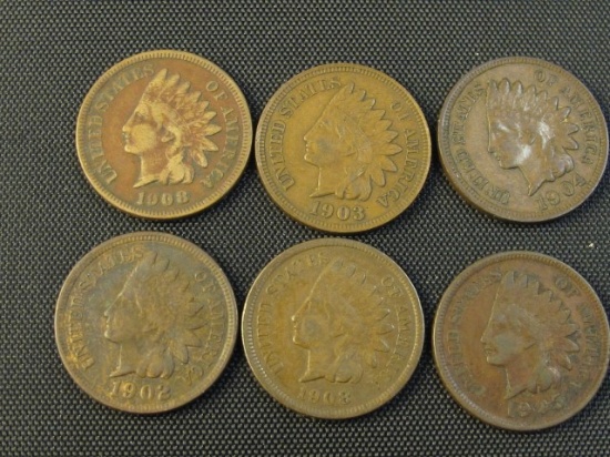 LOT OF 6 INDIAN 1902,03,04,05, 08,08 ALL LIBERTY