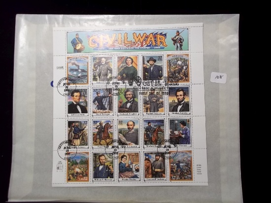 Us Stamp Sheet Canceled Civil War Commemorative Sheet