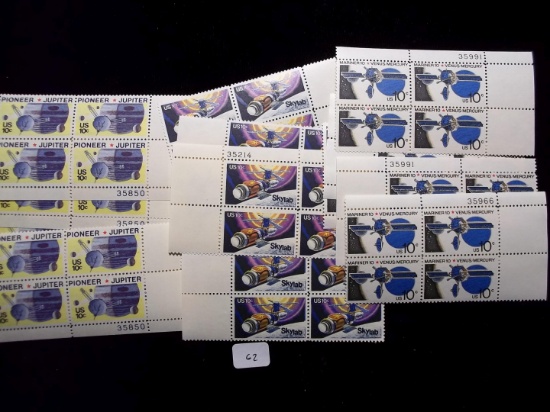 Big Lot Of American Space Stamps 15 Us Plate Blocks Skylab, Mariner, Pioneer $6 Face Lot