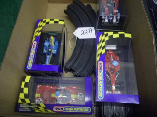 (4) SLOT CARS NEW WITH SOME TRACK(3) SCALEXTRIC