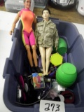 TUB OF MISC AND 2 DOLLS