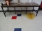 METAL BASE TABLE, 2 SIDE CHAIRS, 2 LAMP TABLES & DRY ERASER BOARD ON STAND