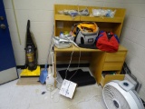 EUREKA VACUUM, 2 CYCLONE FANS, HEATER, MEDICAL STUFF, 2 PLASTIC SHELVES  NO FILE CABINET OR DESK