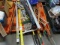 SHEETROCK SQUARE, 6’ MEASURING STICK, RAKE, PAINT STICKS, CRUTCHES, AXE, POLE SAW & MISC