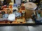 LAUNDRY BASKET, BLUE TEA POT SET, COFFEE POT DECORATIVE BOWLS, URN, FIGURINES, CASSEROLE PANS & MISC