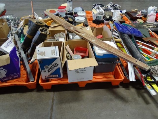 RAFTER LEVEL, ROOFING AXE, SMALL IGLOO ICE CHEST, CHALK LINE,