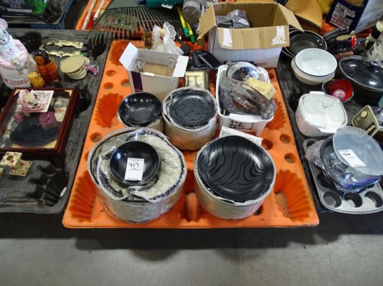 BLACK DISHES, BUCK KNIFE, CLOCK/RADIO, ANGELS, LIGHT BULBS & MISC