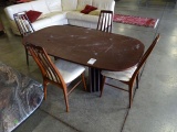 MARBLE TOP TABLE 69”L X 39”W W/4 WOOD CHAIRS (SCREW INSERTS WILL NEED TO BE PUT BACK IN