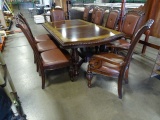 SOLID WOOD 7’-10’ TABLE W/2 ARM CHAIRS & 8 SIDE CHAIRS (HAS 2 LEAFS)