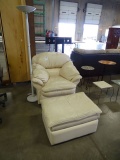 LEATHER CHAIR, OTTOMAN & FLOOR LAMP
