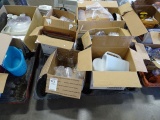 WINE GLASSES, ART PIECES, CAST IRON SKILLETS, 3 CHEESE KNIVES, BUNT CAKE PAN, PYREX PAN & MISC